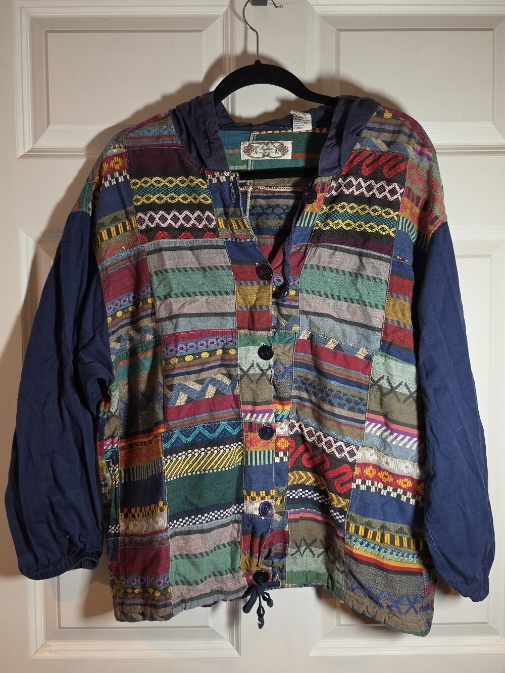 Angelique Vintage 90s Y2k Colorful Button Up Hooded Patchwork Jacket Cotton